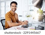 Small photo of Business office portrait, laptop or happy man typing accounting report, financial portfolio or budget assessment. Bookkeeping, finance analysis or male accountant work on digital payroll spreadsheet
