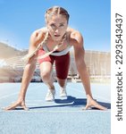 Small photo of Serious female athlete at the starting line in a track race competition at the stadium. Fit sportswoman mentally and physically prepared to start running at the sprint line or starting block