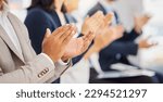 Small photo of Audience row, hands or office team applause for congratulations, promotion winner or company growth. Trade show, conference meeting and seminar people clapping for convention presentation