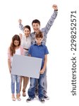 Small photo of Wholehearted approval. Studio shot of a happy family standing with a blank placard for copyspace, isolated on white.
