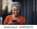 Black woman, happiness and phone text with online communication and networking. Happy, smile and female business employee on a mobile with social media and internet scroll reading a web message