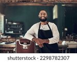 Small photo of Barber shop, hair stylist and black man portrait of an entrepreneur with a smile. Salon, professional worker and male person face with happiness and proud from small business and beauty parlor