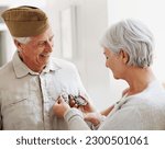 Small photo of Military veteran, man and woman with medal, uniform and smile together with memory, pride and success. Elderly couple, army badge or regalia with happiness, check and retirement from service in house