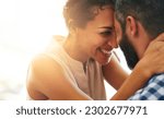 Small photo of Love, marriage and forehead to face of couple for commitment, loving embrace and trust outdoors. Smile, happiness and intimate man and woman for romance on holiday, vacation and weekend together