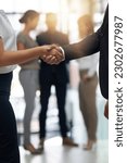 Small photo of Bussiness people, shaking hands and partnership deal at meeting for networking, b2b and success. Professional man and woman together for handshake, corporate partner and introduction or agreement