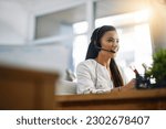 Small photo of Customer service, virtual assistant or happy woman in call center consulting, speaking or talking at help desk. Contact us, friendly agent or sales consultant in telemarketing or telecom company