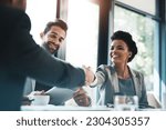 Business people, handshake and meeting for partnership, teamwork or collaboration in boardroom at office. Happy woman shaking hands in team recruiting, introduction or b2b agreement at the workplace