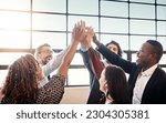 Small photo of High five, business people and group together for teamwork, collaboration or team building in office. Hands of diversity men and women for corporate support, solidarity and mission or motivation