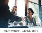 Small photo of Happy business people, handshake and meeting in teamwork for partnership or collaboration in boardroom. Woman person shaking hands in team recruiting, introduction or b2b agreement at the workplace