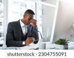 Small photo of Black man in business, headache and stress with burnout, depression and brain fog in office. Male person with pain at desk, migraine and tired, overworked with work crisis anxiety in the workplace