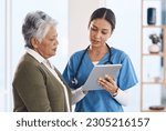 Small photo of Healthcare, senior woman or doctor with tablet, patient or conversation with connection. Female person, employee or medical professional with mature lady, telehealth or support with diagnosis
