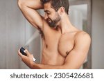 Small photo of Deodorant, armpit spray and man in bathroom for hygiene, shower or perfume to control underarm sweating. Happy bare guy cleaning body with fragrance cosmetics, skincare product or male beauty at home