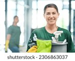 Happy, product and portrait of a woman with a cleaning service, tools and bucket for work. Smile, office and a young female cleaner with products to clean a workplace, disinfection staff and job