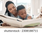Small photo of Black family, mother and child reading book for learning, storytelling and bonding. African mom, kid and story time, education and development, studying or homeschool, knowledge and care in bedroom.