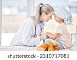 Small photo of Cancer patient, child and doctor holding hands for support, healthcare courage or empathy, love and healing in hospital bed. Happy girl or sick kid and pediatrician or medical person helping together