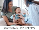 Mother, baby and stethoscope of pediatrician for healthcare consulting, check lungs and breathing for heartbeat. Doctor, happy infant kid and chest assessment in clinic, hospital and medical analysis