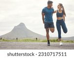 Small photo of Stretching legs, run warmup and couple of friends in the mountain for outdoor exercise. Training, balance and young people smile with leg stretch for fitness, sports and workout on road with mockup