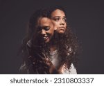 Depression, mental health and woman in studio with stress, identity crisis or bipolar disorder. Horror, psycho and female person with trauma or anxiety browsing on a phone by a dark black background.
