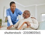 Small photo of Caregiver, nurse or senior black man on a couch, retirement or help with healthcare or walking stick. Male person with a disability, patient or medical professional with support, recovery or healing