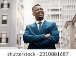 Small photo of Thinking, idea and business black man in city with future goals, vision and mission for company. Ideas, success and face of male entrepreneur in town with wonder, dreaming and thoughtful mindset