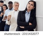 Small photo of Tired, waiting room and woman in line for business interview, job application or hiring opportunity in corporate company. Group, people and frustrated person in queue, appointment and anxious time