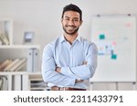 Small photo of Smile, education and portrait of man teacher in a classroom or school and happy to study in a college or university. Academy, educator and young person or worker arms crossed and confident in class