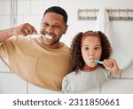 Small photo of Child, father and brushing teeth in a family home bathroom for dental health. Face of happy african man and girl kid learning to clean mouth with toothbrush in mirror for morning routine or oral care