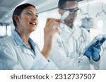 Small photo of Science, formula and scientists writing chemistry equation for medical research, analysis and solution. Healthcare, teamwork and man and woman write on glass for medicine development in laboratory