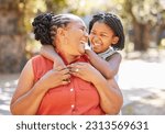 Small photo of Happy, grandmother or girl laughing in park relaxing or smiling in nature on holiday vacation as a family. Funny joke, granny or senior black woman or child loves bonding or hugging African grandma