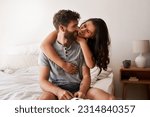 Love, home bedroom and happy couple hug, bond and spending relax morning together, bonding and smile. Happiness, marriage or romantic people hugging with affection, care and enjoy quality time on bed
