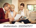 Small photo of Senior couple, financial advisor and documents for budget, expense or retirement plan on living room sofa at home. Elderly man and woman in finance discussion with consultant, lawyer or paperwork