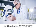 Small photo of Senior scientist, man and microscope, analysis and science study with medical research and biotechnology in lab. Male person, doctor and pathology, check test sample with scientific experiment