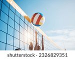 Volleyball, net with sports and fitness, blue sky and people outdoor playing game with training and summer. Exercise, athlete and competition, match with ball and active, workout and team tournament