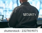 Small photo of Office safety, back and man or security for a business or building for service. Law patrol, working and a worker at a professional job as a bodyguard or agent for protection at a workplace or agency