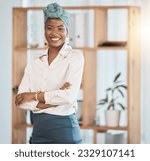 Small photo of Happy, arms crossed and business with portrait of black woman in office for lawyer, advocate and professional. Corporate, pride and legal with person in workplace for attorney, justice and mindset