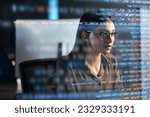Computer, hologram and woman coding for data analysis, information technology overlay and night html. Programmer or IT person in glasses reading software script, programming or cybersecurity research