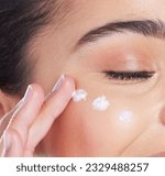 Small photo of Skincare, closeup and woman with cream on face, anti ageing and collagen treatment for skin glow. Dermatology, cosmetics and morning beauty routine, facial lotion on model with moisturiser product.