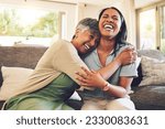 Small photo of Senior mother, funny and hug woman in living room, bonding and laughing together. Happy, elderly mom and embrace person, relax and smile with care, love and enjoying time on home sofa with family.