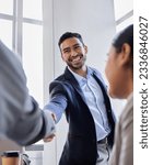 Small photo of Meeting, smile and handshake with business people in office, b2b deal or agreement for startup opportunity. Hand shake, partnership and welcome, happy businessman shaking hands for onboarding support