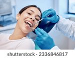 Small photo of Healthcare, dentist tools and portrait of woman for teeth whitening, service and dental care. Medical consulting, dentistry and orthodontist with patient for oral hygiene, wellness and cleaning