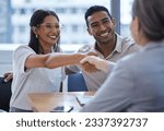 Small photo of Couple, happy and handshake with financial consultant for deal, agreement or contract. Smile, man and woman shaking hands of broker for finance, loan or mortgage, welcome and thank you for investment
