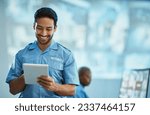 Small photo of Happy asian man, security guard and tablet for surveillance, research or browsing at the office. Male person, police or officer smile on technology for social media, networking or communication