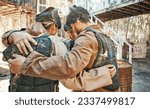 Small photo of Paintball game, group huddle and team support, discussion and talk about training challenge, battlefield collaboration or survival. War mission, friends circle and people listening to battle tactics