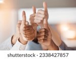 Small photo of Thumbs up, business people and hands for success, teamwork and vote yes to show support. Closeup, employees and group with thumb sign, like emoji and thank you for trust, agreement and winning goals