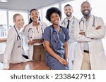 Small photo of Smile, portrait and hospital doctors, people or surgeon team for healthcare, help services or medical collaboration. Medicine health professional, clinic group solidarity or staff nurses for medicare