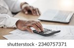 Small photo of Documents, calculator and business person hands for financial planning, taxes management and laptop. Accountant or worker with numbers for budget, data or accounting paperwork on computer and desk