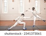 Small photo of Fencing, sport and people with sword to fight in training, exercise or workout in hall. Martial arts, stab and fencers or men jump in mask and costume for fitness, competition or target in swordplay