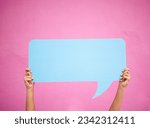 Social media, hands and communication speech bubble mockup or opinion, review or feedback space for advertising placement. Quote, dialogue box and person with a sign or billboard, banner or chat