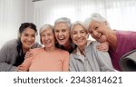 Small photo of Yoga class teacher, face and senior happy people for retirement exercise, club membership and team support. Pilates instructor, friends or elderly women smile for training, fitness or active workout