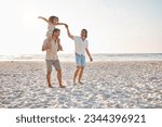 Small photo of Gay couple, piggyback and holding hands with family at beach for seaside holiday, support and travel mockup. Summer, vacation and love with men and child in nature for lgbtq, happy and walking